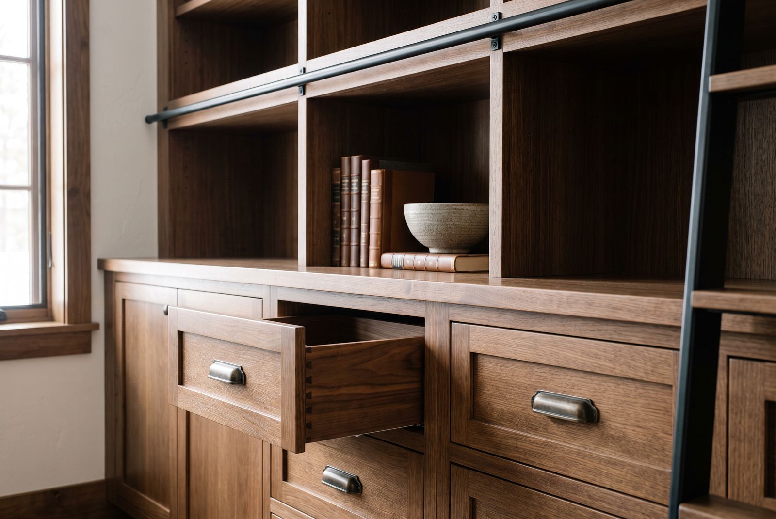 Walnut library cabinetry with dovetailed drawers, bronze pulls and a steel ladder rail
