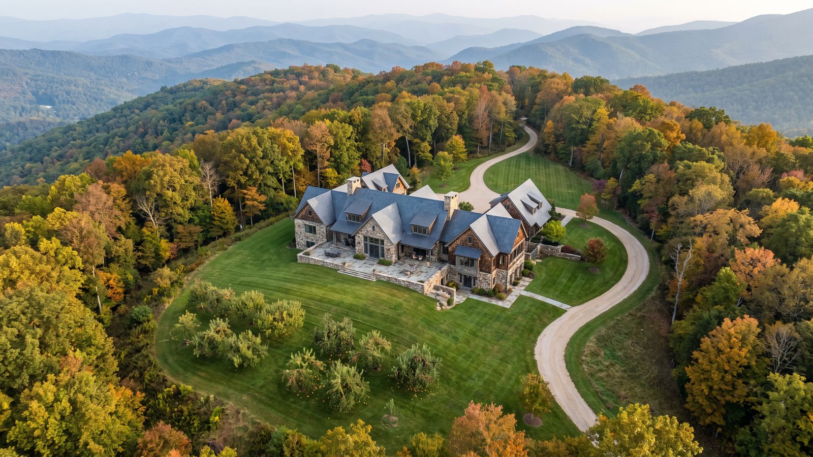 Aerial view of a stone and slate estate on a hilltop meadow in early fall