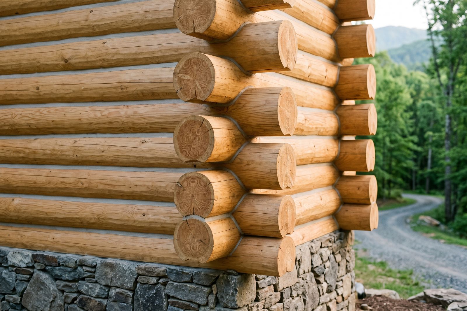 Saddle notched log corner with crossing log ends and chinking above a fieldstone base