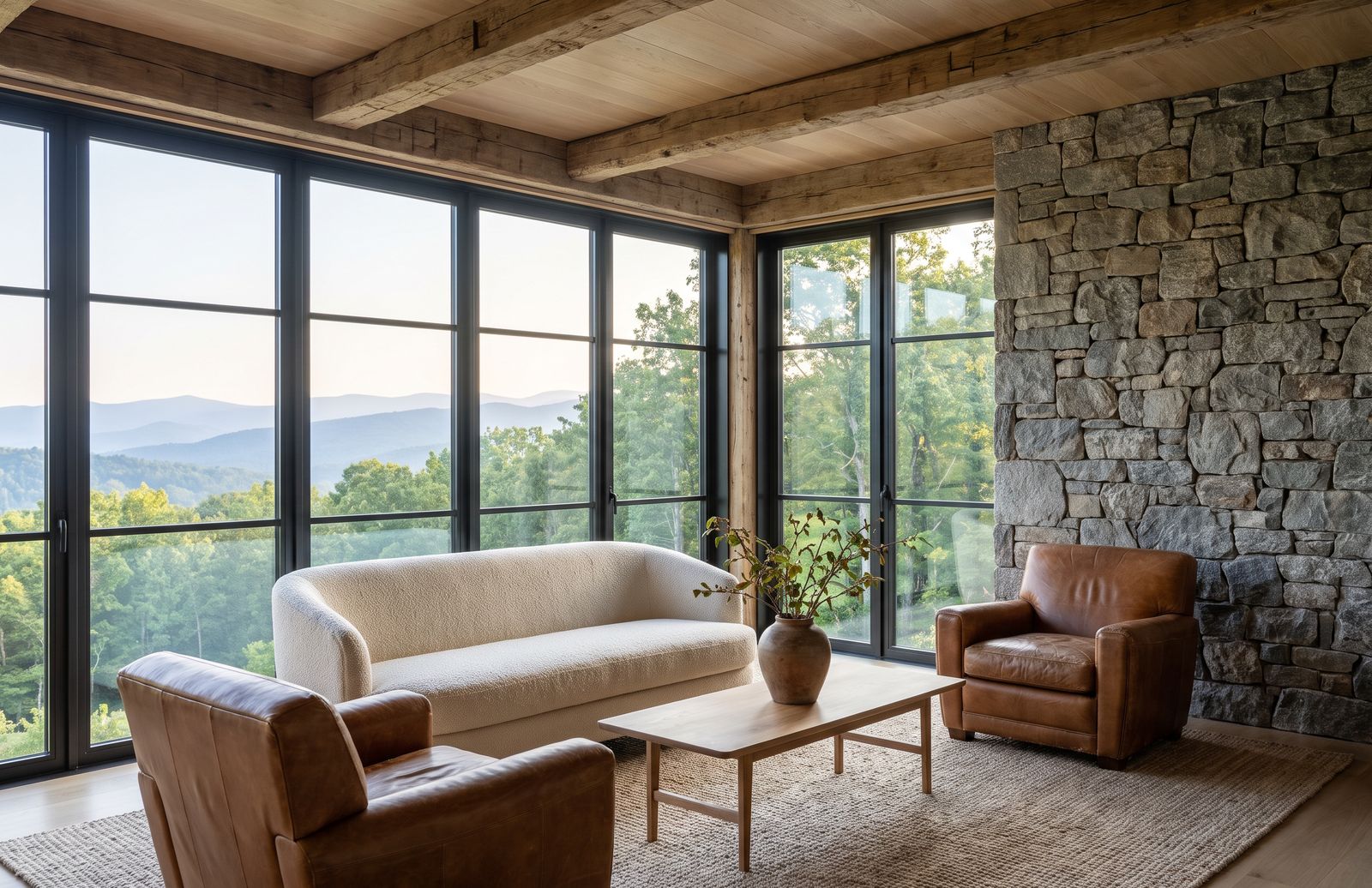 Living room with a steel window wall, fieldstone wall and leather chairs overlooking the mountains
