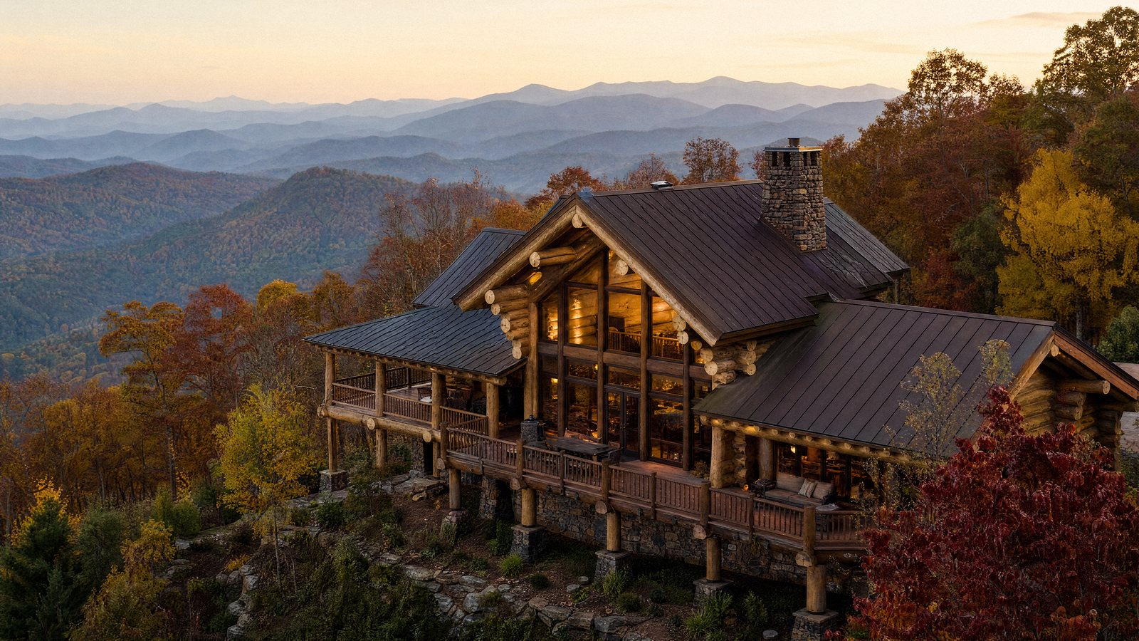 Log and timber home with a glass gable and wraparound decks above Blue Ridge ridges in fall