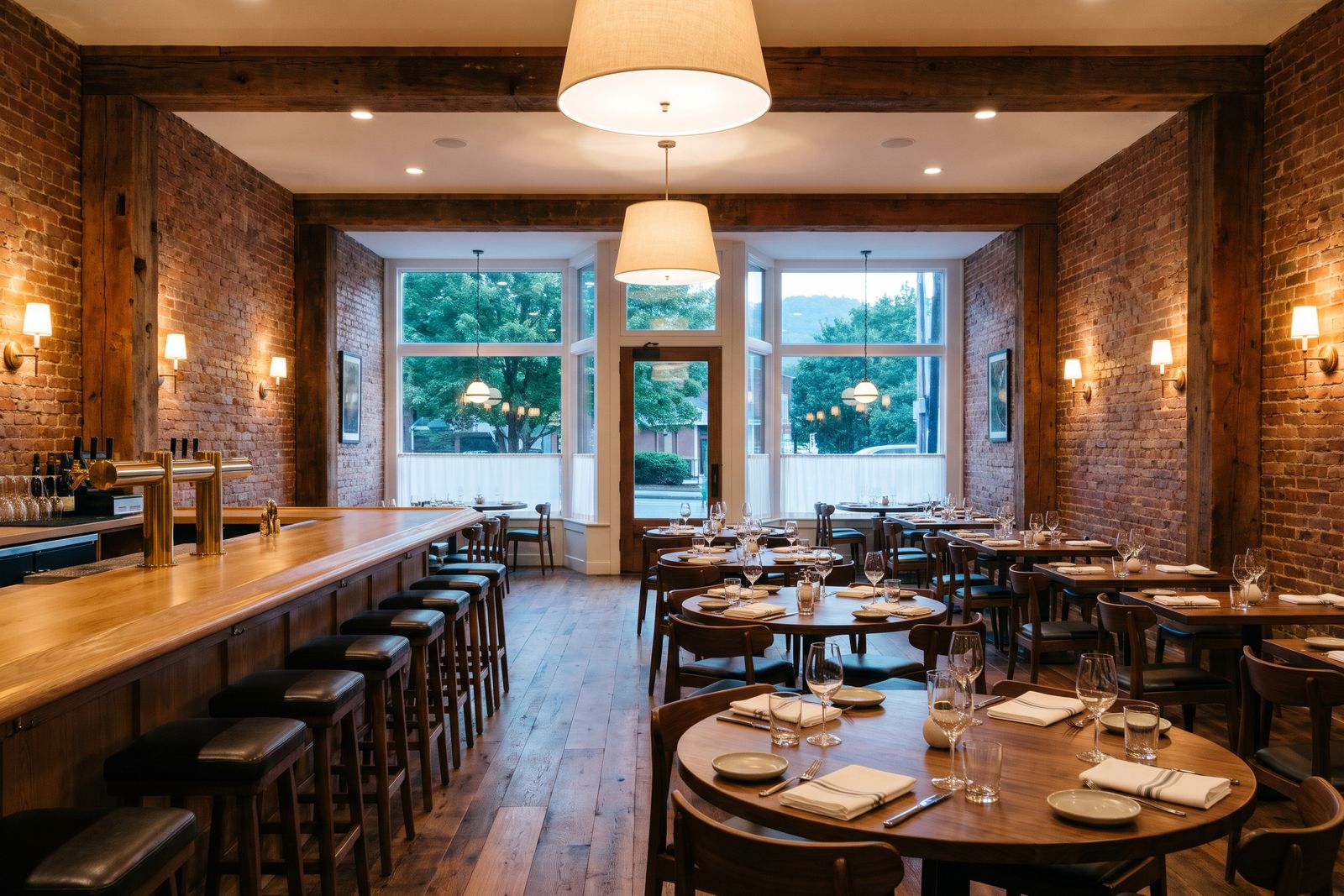 Restaurant and bar in a renovated brick building with timber beams and warm lighting