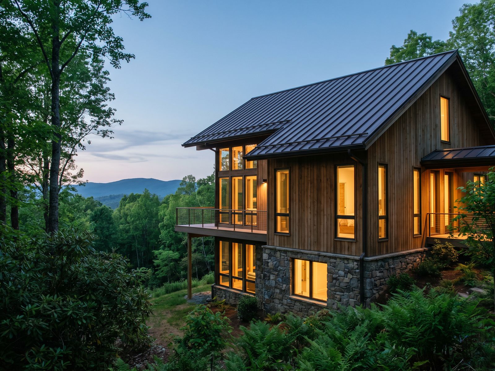 New mountain home with vertical wood siding, a stone base and glowing windows above a wooded ridge at dusk