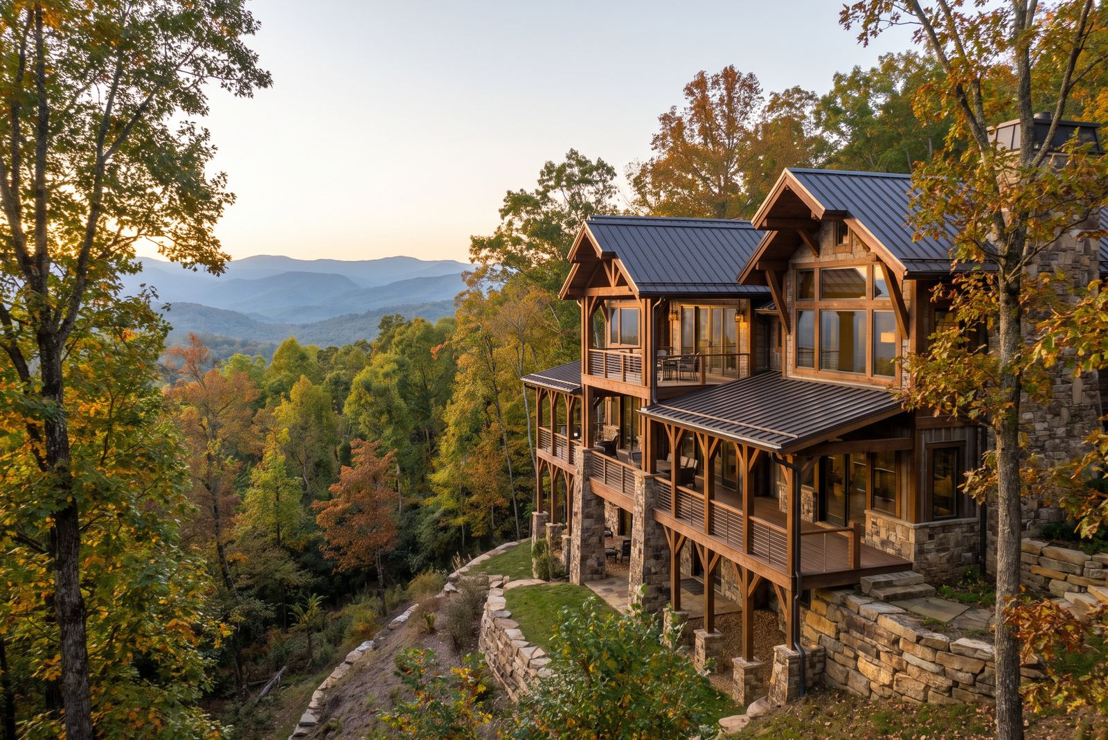 Timber and stone mountain home with stacked decks stepping down a wooded slope in early fall