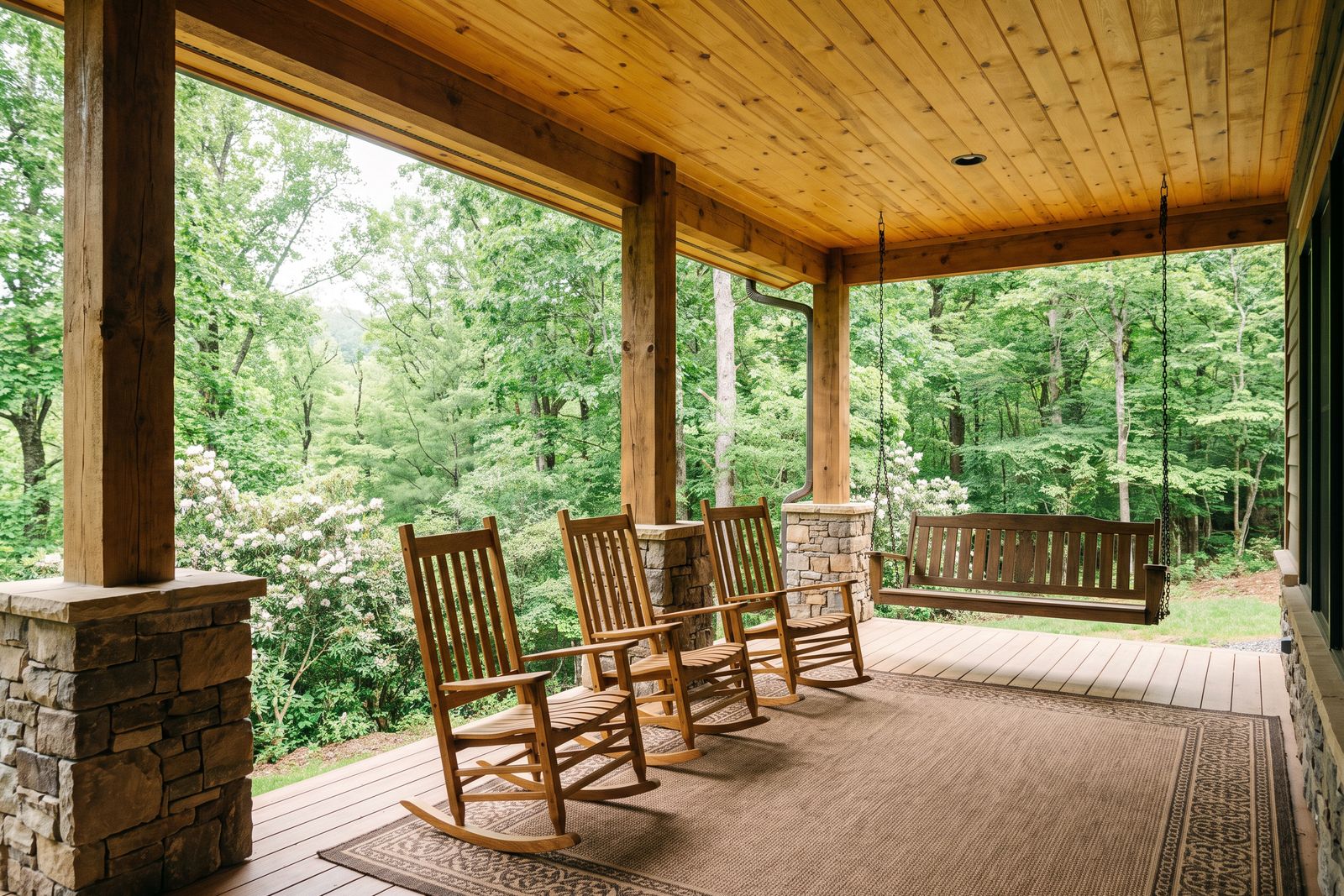 Covered porch with rocking chairs and a swing above green summer woods