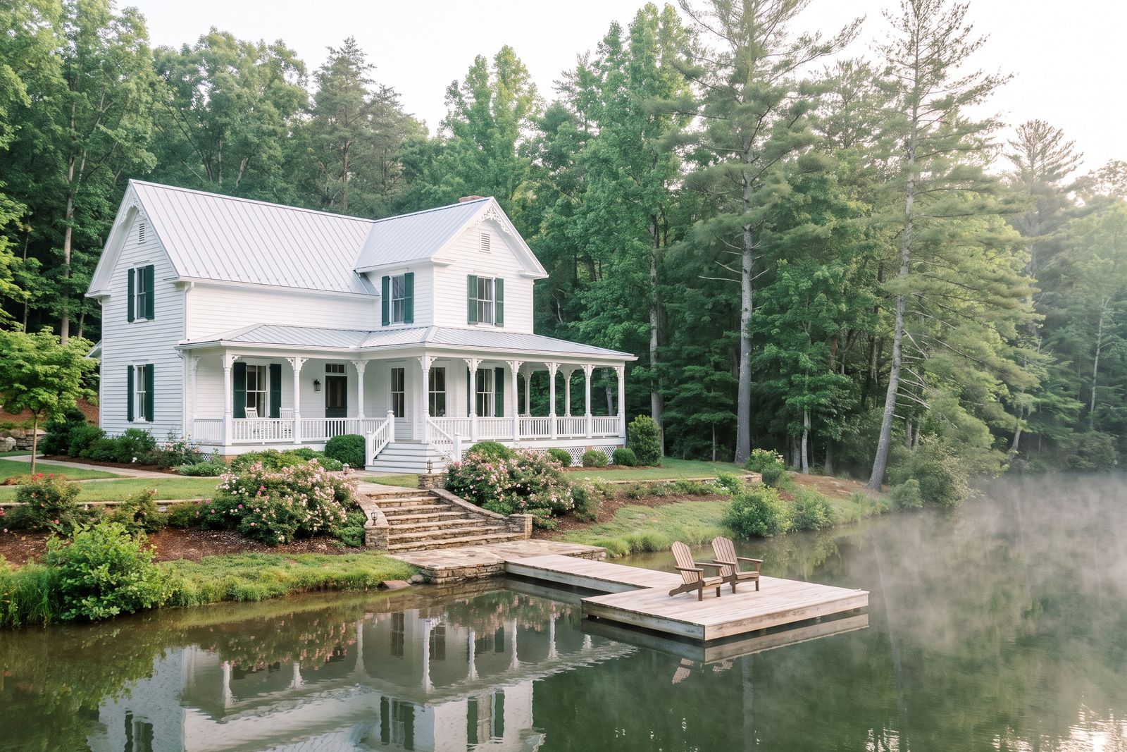 White farmhouse with a wraparound porch above a misty lake and dock in summer