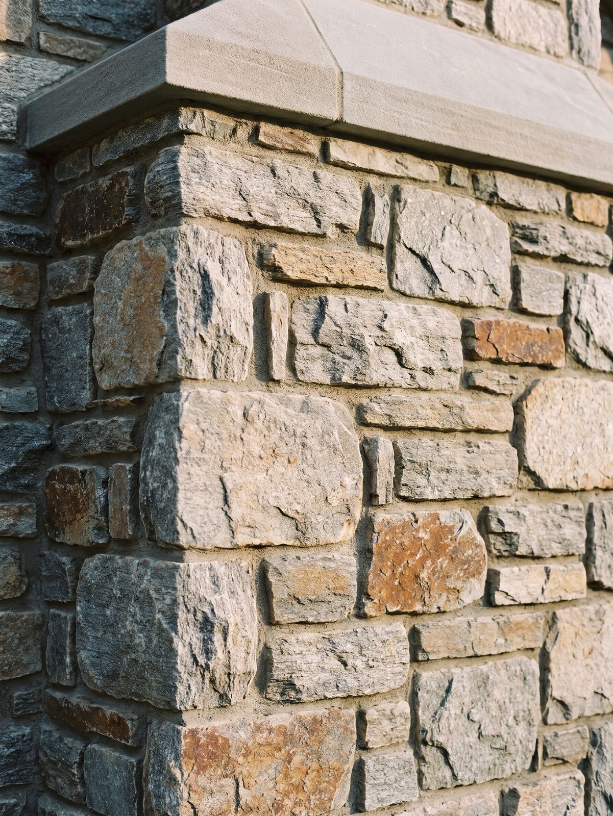 Close view of a fieldstone corner with a cut stone cap